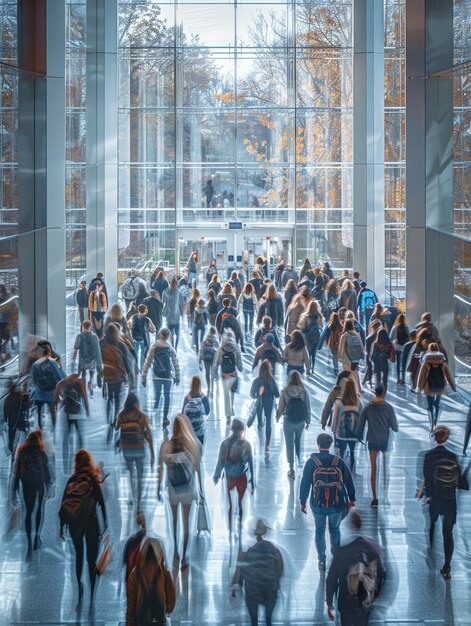 Busy campus life with students walking through university halls