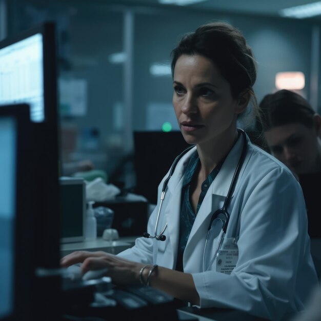 Busy caucasian female doctor using computer created using generative ai technology