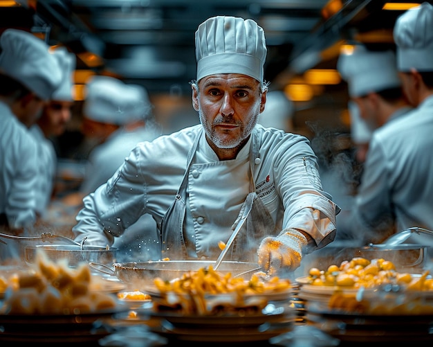 Photo busy chef in restaurant kitchen with blurred motion of cooking