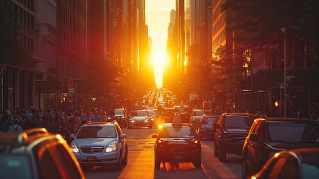 A busy city street filled with traffic with the sun shining through the buildings