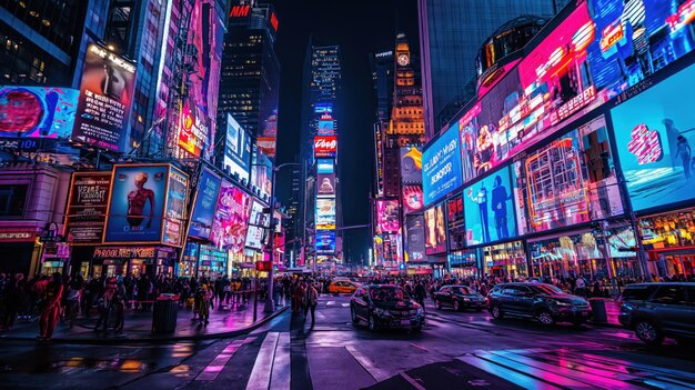 A busy city street at night with lots of traffic and neon lights