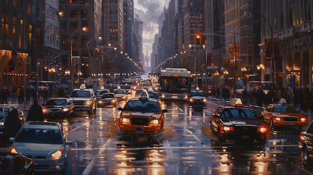 Photo a busy city street with cars buses and people crossing the road the street is wet from the rain and the city lights are reflected in the puddles