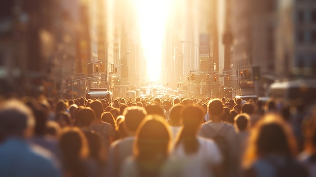 Foto strada trafficata della città con una folla di persone in silhouette durante il tramonto con la luce solare calda filtrata attraverso l'ia generativa