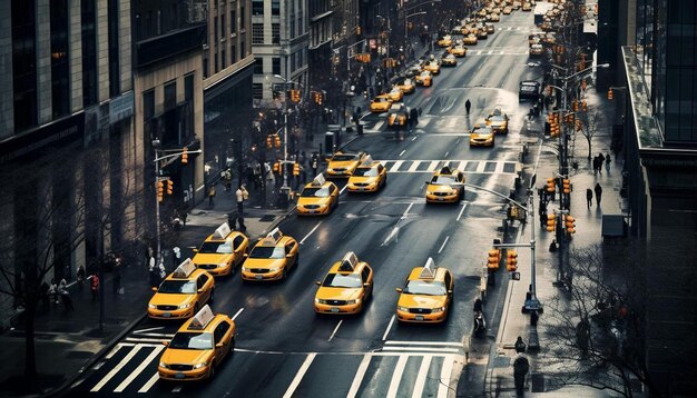 Photo a busy city street with many taxis and a building with a sign that says  taxi