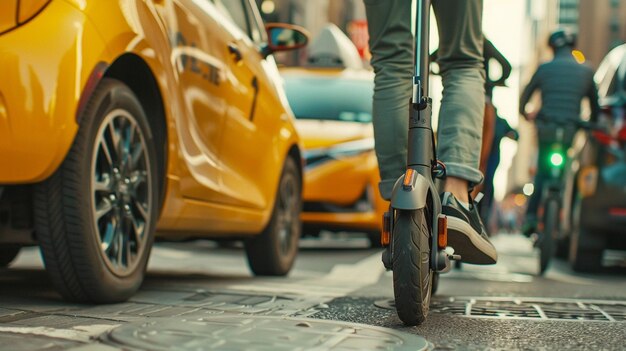 Foto strade trafficate della città con scooter in condivisione