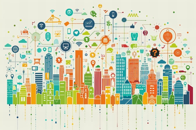 a busy cityscape with various landmarks