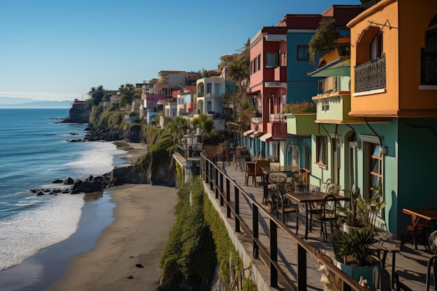 Оживленный прибрежный город с магазинами и ресторанами на берегу моря, генерирующий ИА