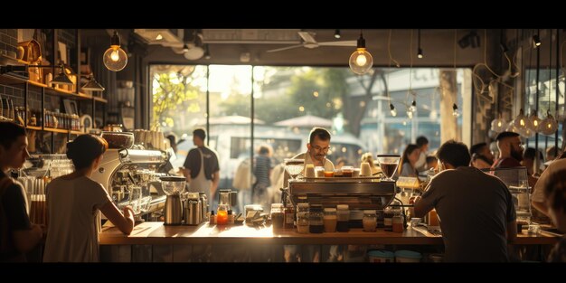 忙しいコーヒーショップの囲気とパトロンとバリスタの輝き