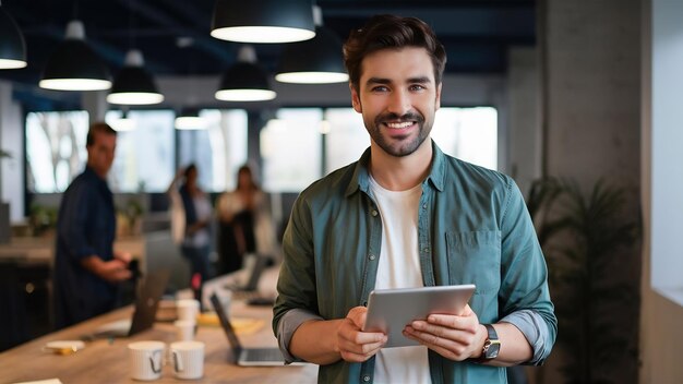 Busy confident young stylish smiling man in co working office startup freelancer holding using tab