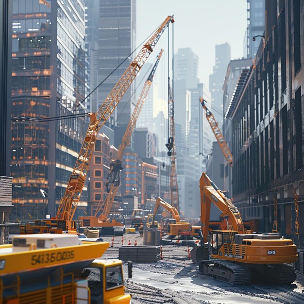 Photo busy construction site in city with towering cranes machinery and vehicles
