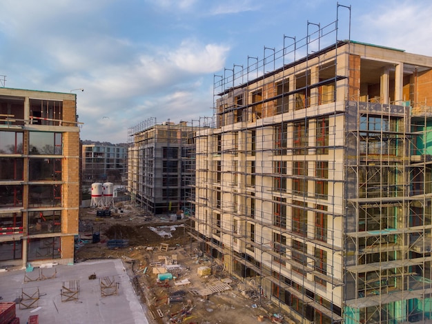 Busy Construction Site and Construction Equipment Aerial top view