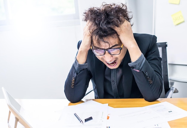 Photo busy and crazy person, unsuccessful businessman