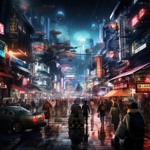 Busy Cyberpunk City Street Background Generative AI