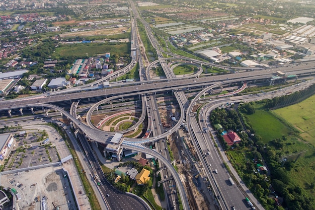 Busy highway junction from aerial view