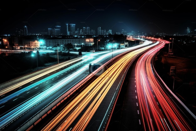 A busy highway at night with the city in the background.