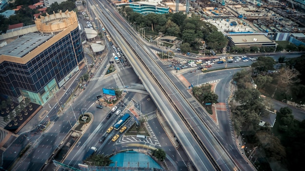 Busy highway road junction in metropolis city center