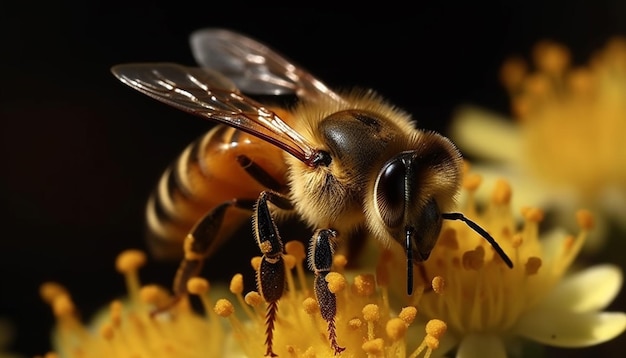 人工知能によって生成された単一の花から黄色い花粉を集める忙しいミツバチ