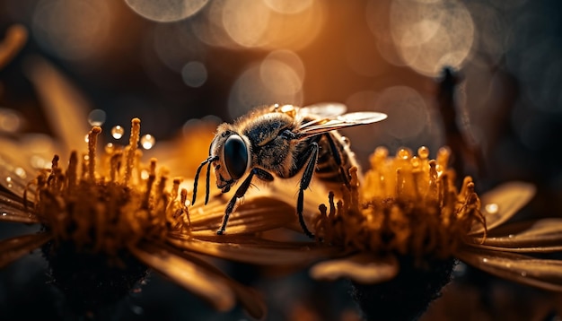 Занятая медоносная пчела опыляет красоту одного цветка, созданную искусственным интеллектом