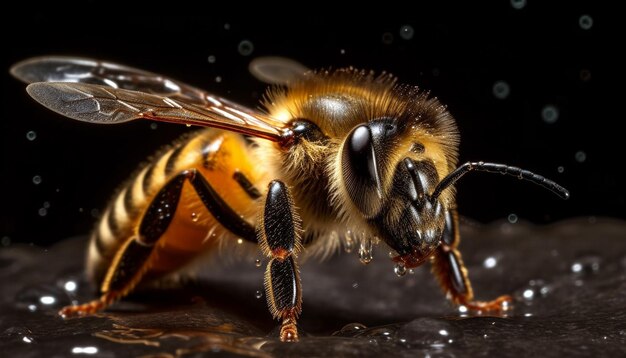 Busy honey bee pollinates single flower in nature beauty generated by artificial intelligence