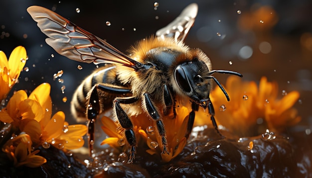 Busy honey bee pollinating a single flower in the summer generated by artificial intelligence