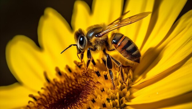 Busy honey bee pollinating a single flower in vibrant summer generated by artificial intelligence