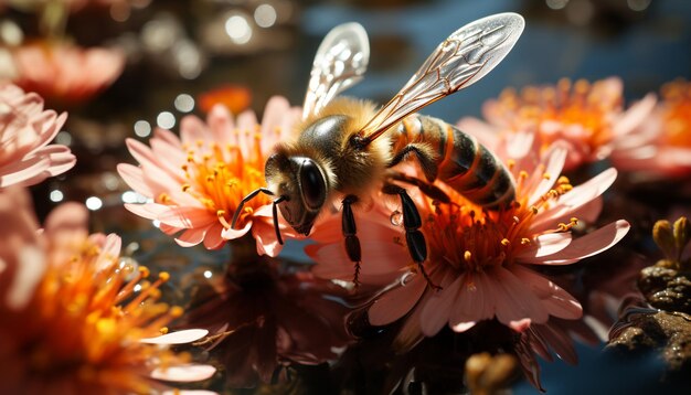 Busy honey bee pollinating a vibrant flower in a formal garden generated by artificial intelligence