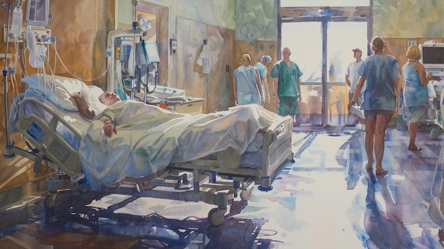 Busy Hospital Emergency Room Scene Watercolor