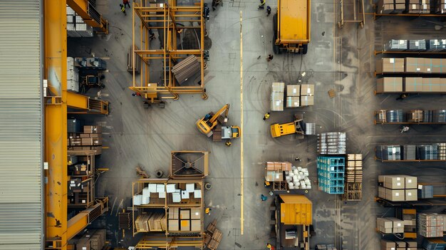 A busy industrial warehouse from above forklifts and cargo in action logistics and commerce birds eye view of organized chaos AI