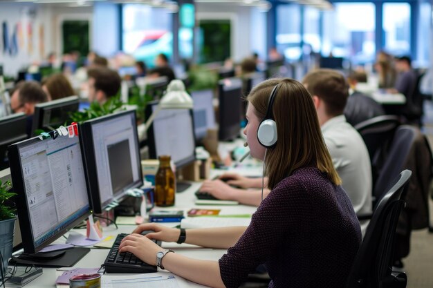 Busy kantooromgeving met werknemers die aan hun bureau werken met computers focus op vrouw met koptelefoon