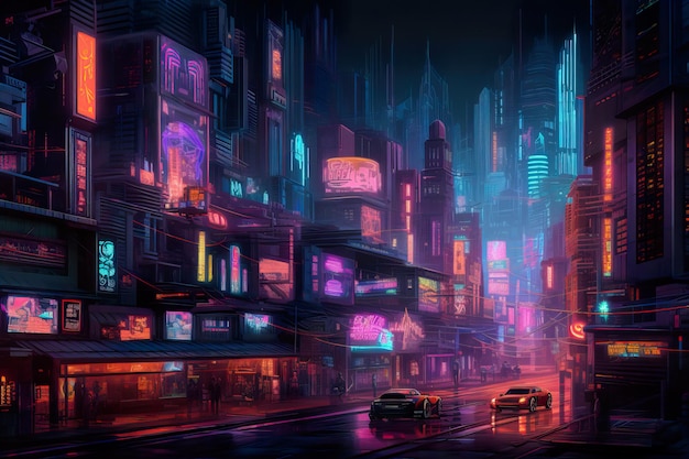 busy night cyberpunk city street