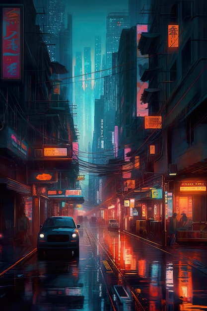 busy night cyberpunk city street