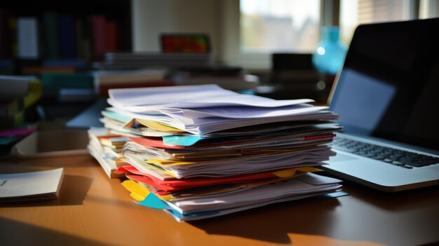 Busy office desk with a laptop and a large stack of paperwork