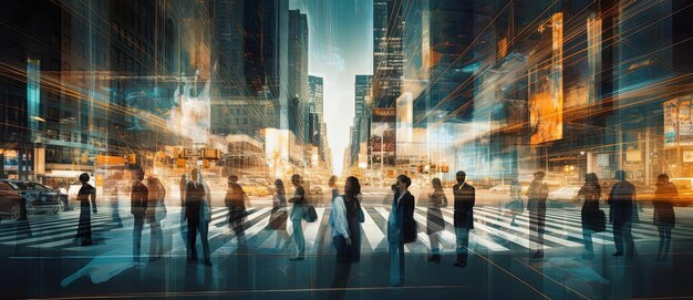 busy pedestrians walking on urban street in the style of abstracted human figures