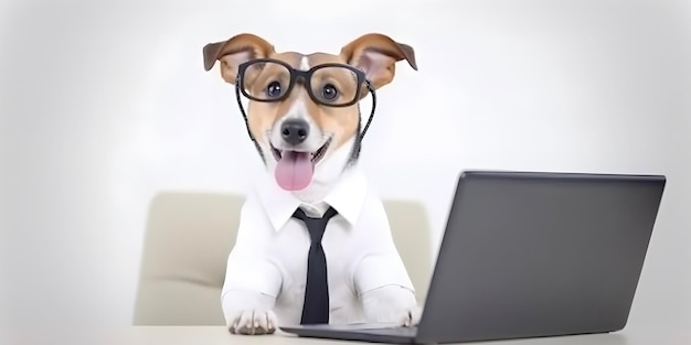 忙しい子犬のペット役員の勤勉または在宅勤務のコンセプト