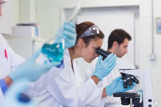 Busy researchers working on experiments in lab