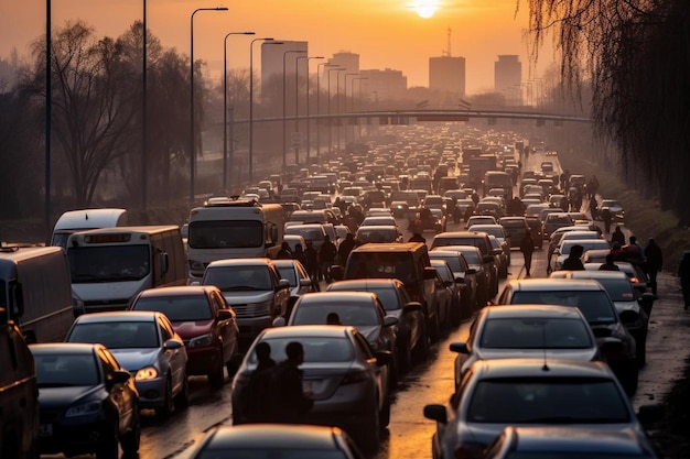 Busy road and city during rush hour