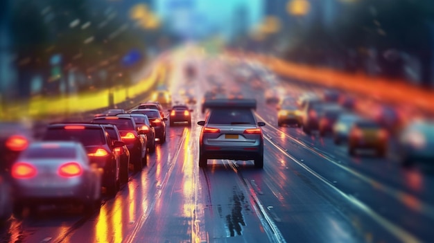 Foto una strada trafficata con le auto che guidano sulla strada e le luci accese