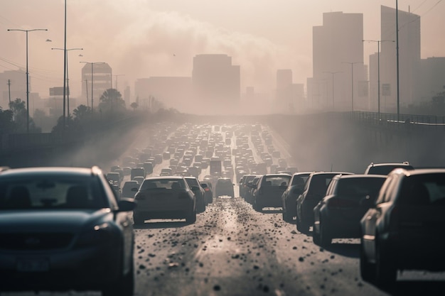 A busy road with a city in the background