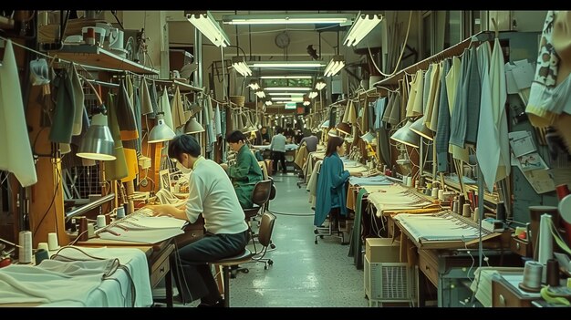 Photo busy sewing factory with people and clothes