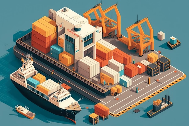 Busy Shipping Container Terminal in simplefied style