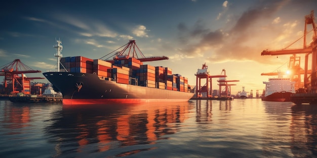 busy shipping port with containers trade in action