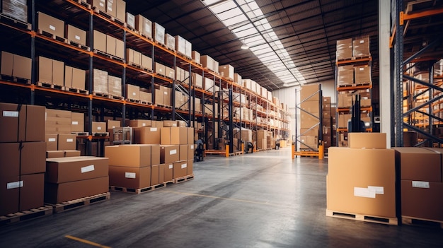 a busy storage space of a warehouse filled with product boxes