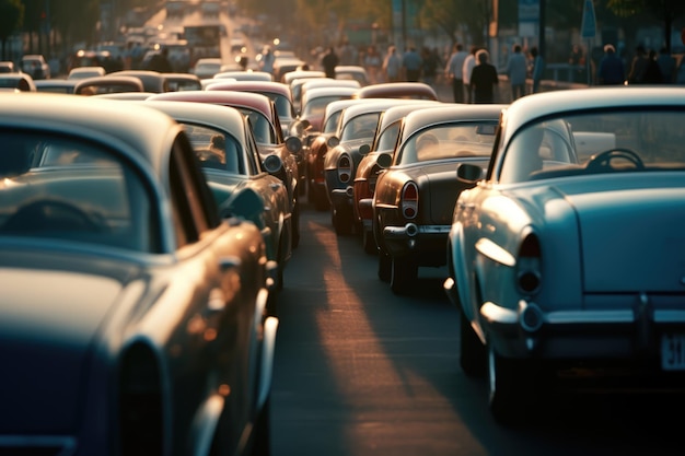 Busy street in city with traffic jam and people walking created using generative ai technology