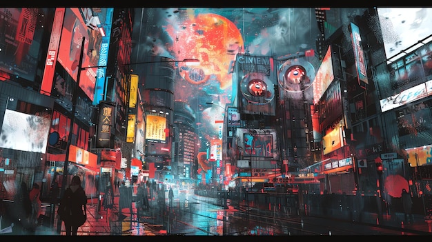 A busy street in a cyberpunk city The street is lined with tall buildings and neon lights It is raining and the ground is wet