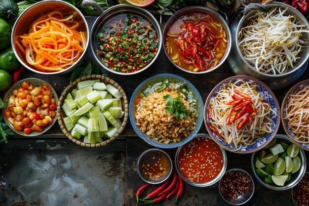 Photo busy street food stall with som tam ingredients