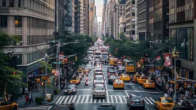 A busy street in New York City with cars buses and people crossing the road There are tall buildings on both sides of the street