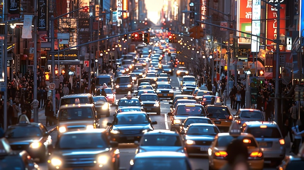 A busy street in New York City with cars trucks buses and people crossing the road The city lights are reflected in the windows of the buildings