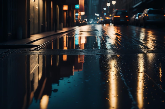 Photo a busy street at night with lights reflected by wet pavement