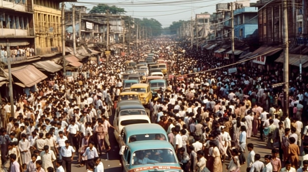 A busy street with a crowd of people and cars.