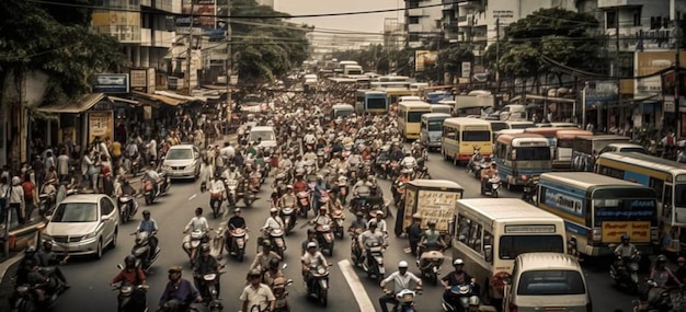 A busy street with a lot of vehicles and a van in the background